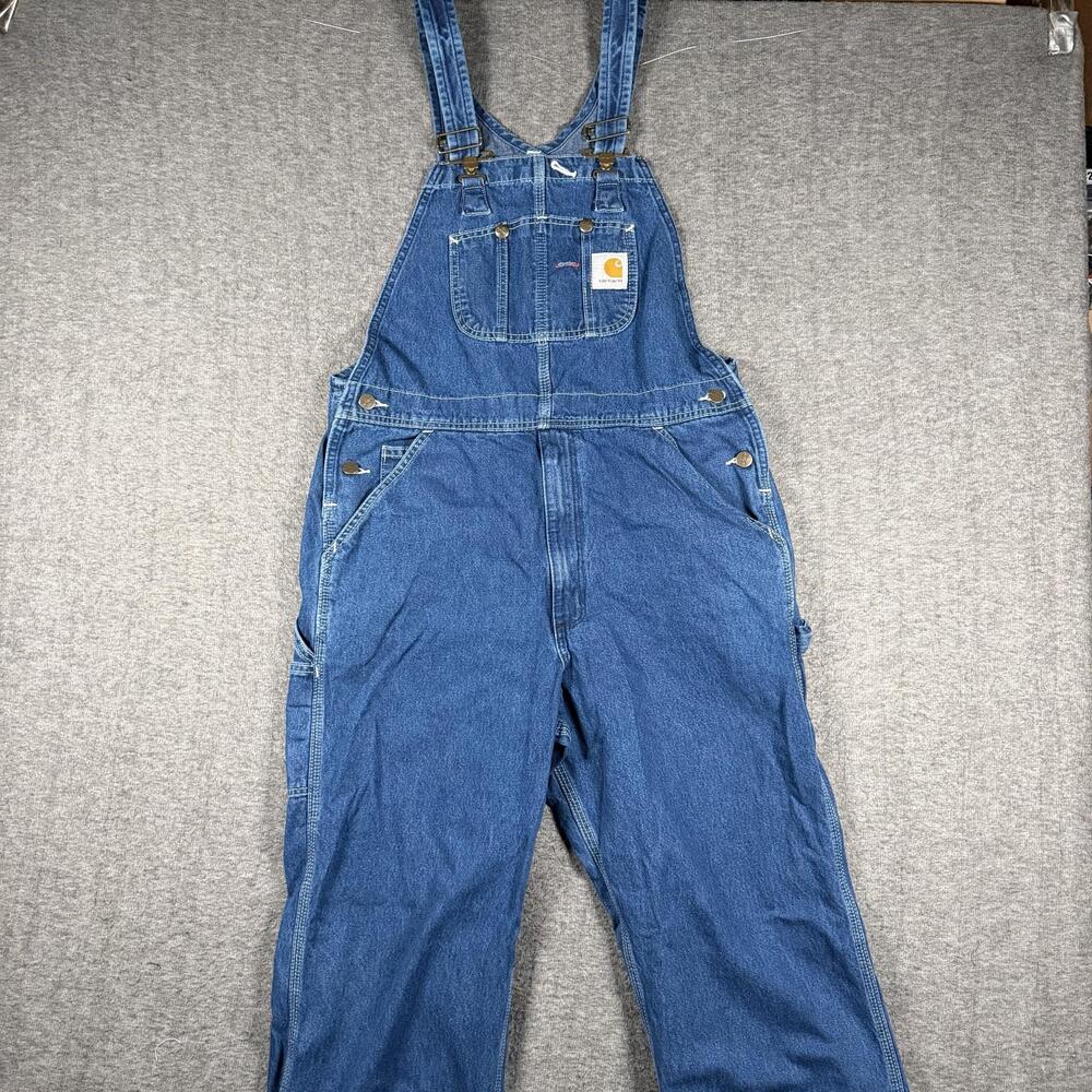 Carhartt Denim Bib Overalls Mens 34x30 Blue Workwear Utility Carpenter R07 DST